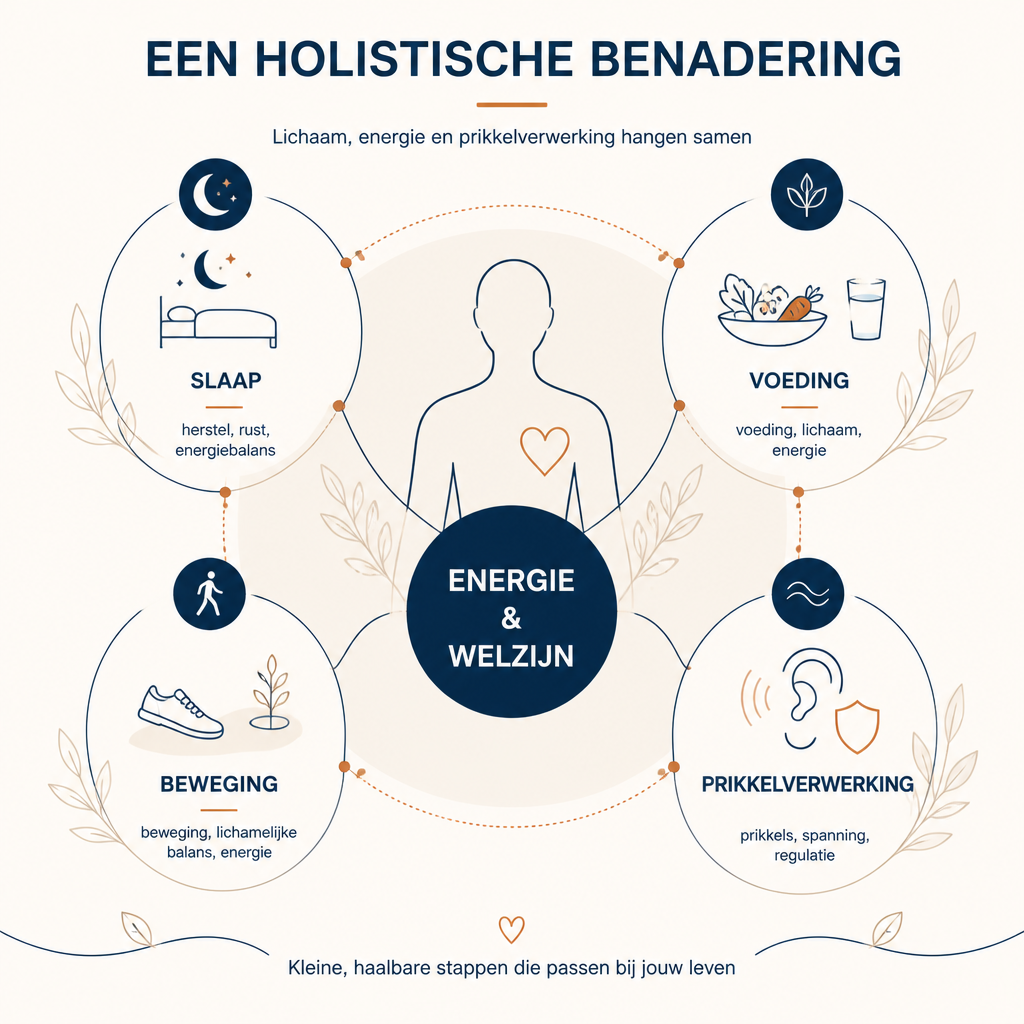Illustratie van de holistische benadering: slaap, voeding en beweging